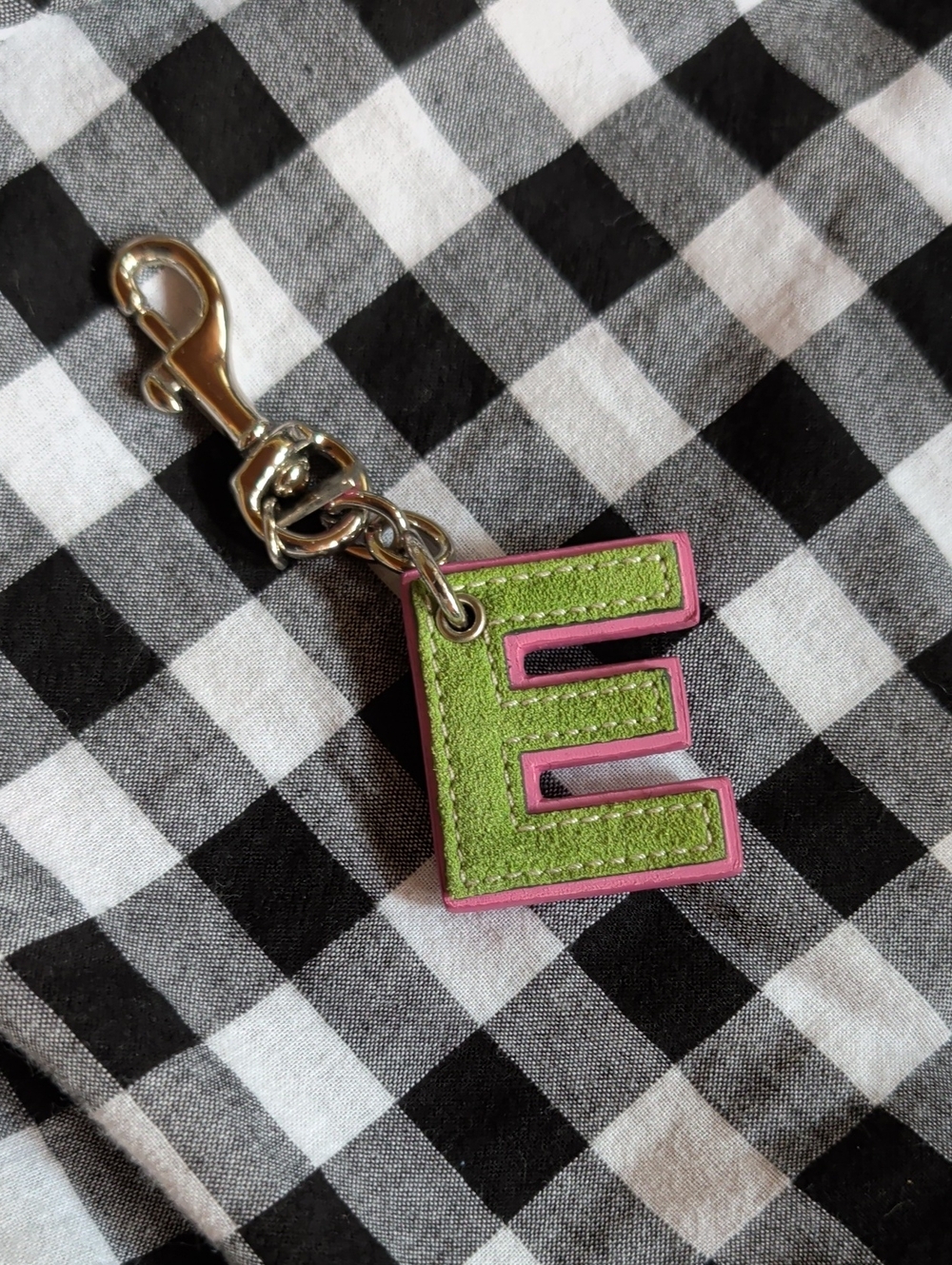 Vintage Coach Leather 'E' Keychain Charm in Green and Pink - Accessory